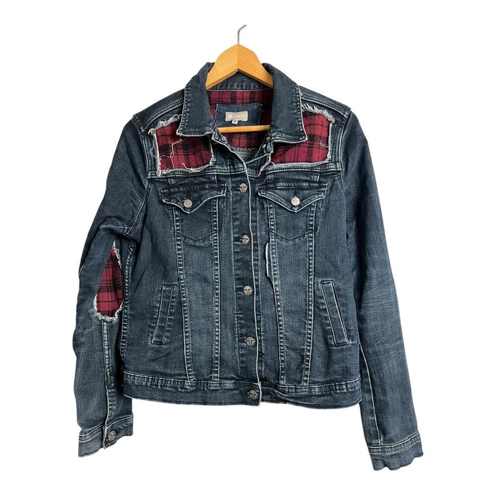 Tractr Women’s Jean Jacket Denim Blue Cotton Casual M Medium Flannel Distressed